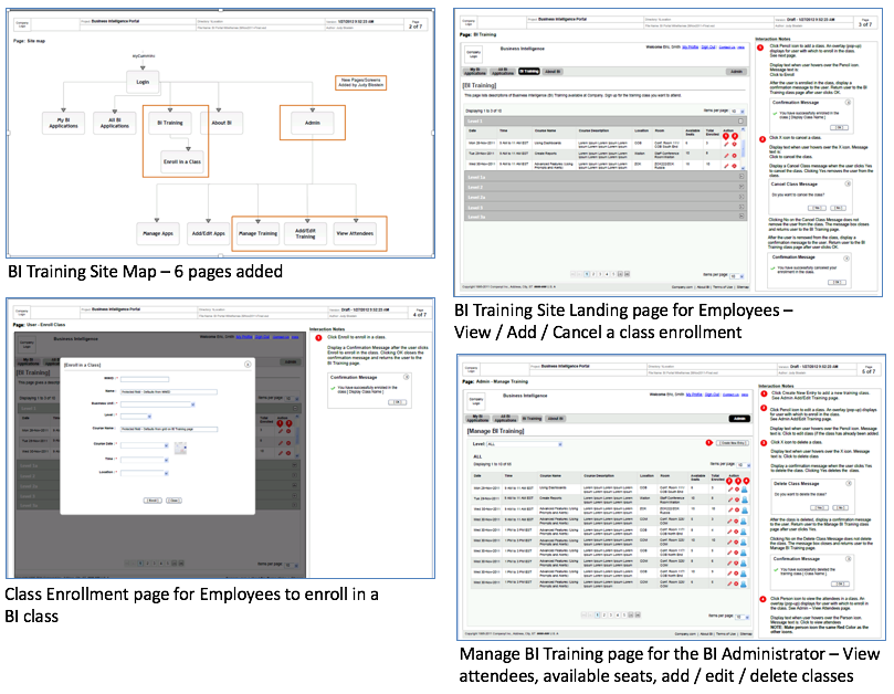 Images of Wireframes for the Business Intelligence (BI) Training Site